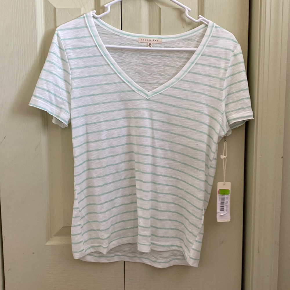 mint and white striped shirt